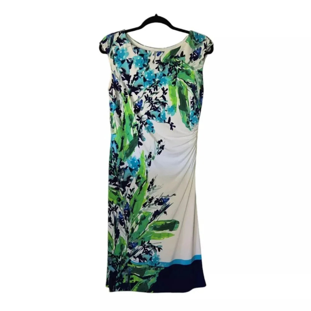 Lauren Ralph Lauren Blue Green White Summer Floral Sleeveless Ruched Dress Sz 10